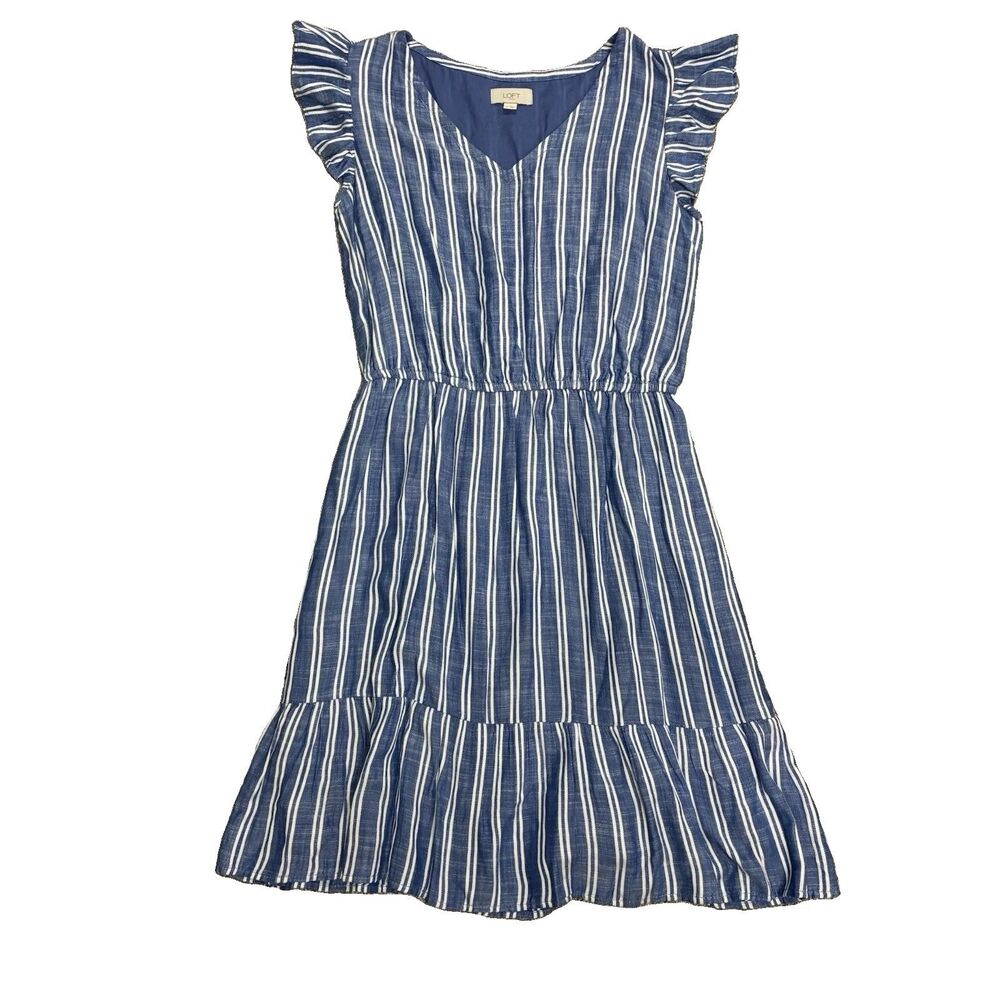 LOFT Striped Flutter Sleeve Dress Women’s Medium Blue White V Neck Ruffle Hem